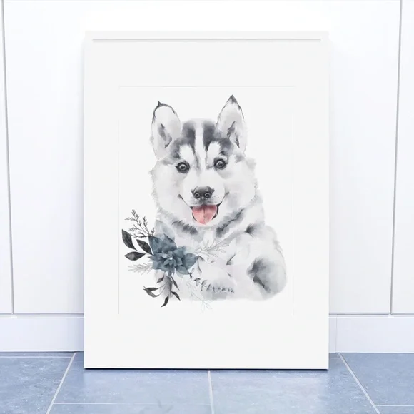 Watercolor Wall Art Husky Puppy Portrait Print Unframed - Picture 5 of 8
